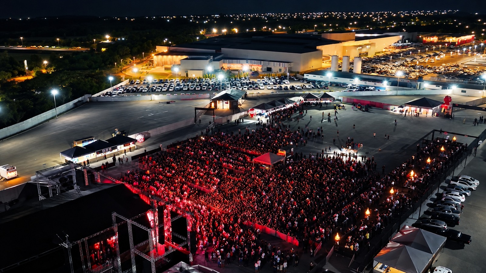 Vista aérea noturna de evento com público diante de palco e áreas de estacionamento ao fundo.