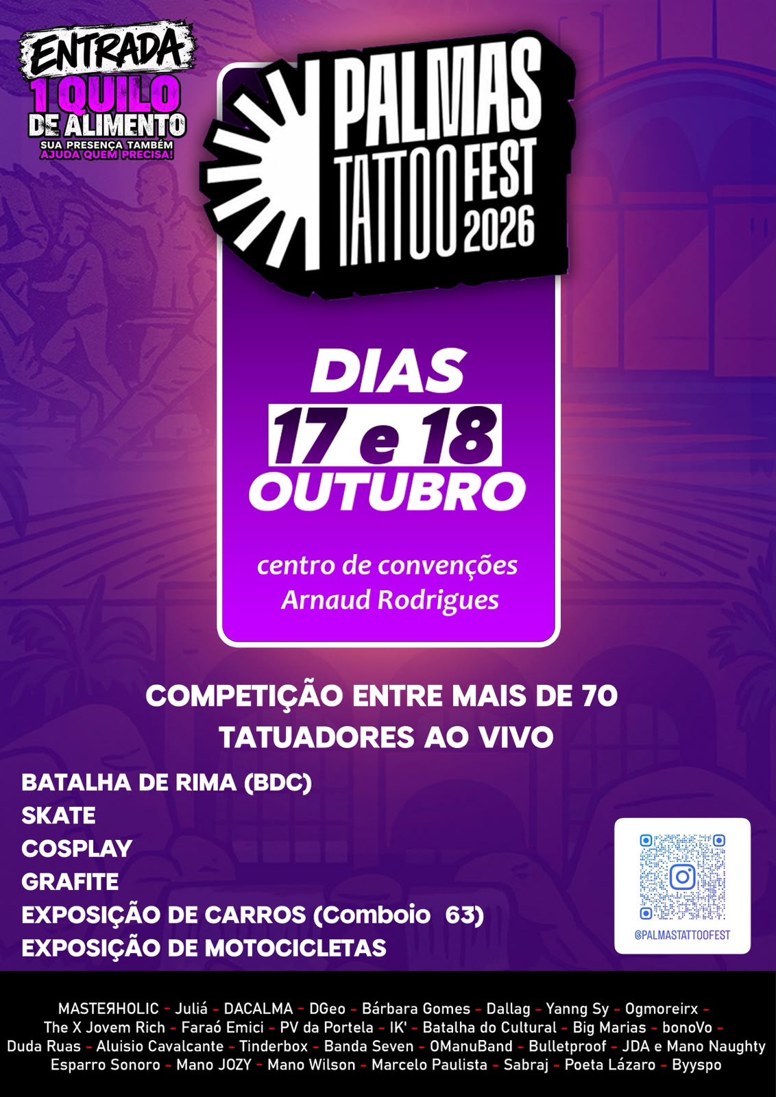 Cartaz do Palmas Tattoo Fest anuncia evento nos dias 17 e 18 de outubro no Centro de Convenções Arnaud Rodrigues.